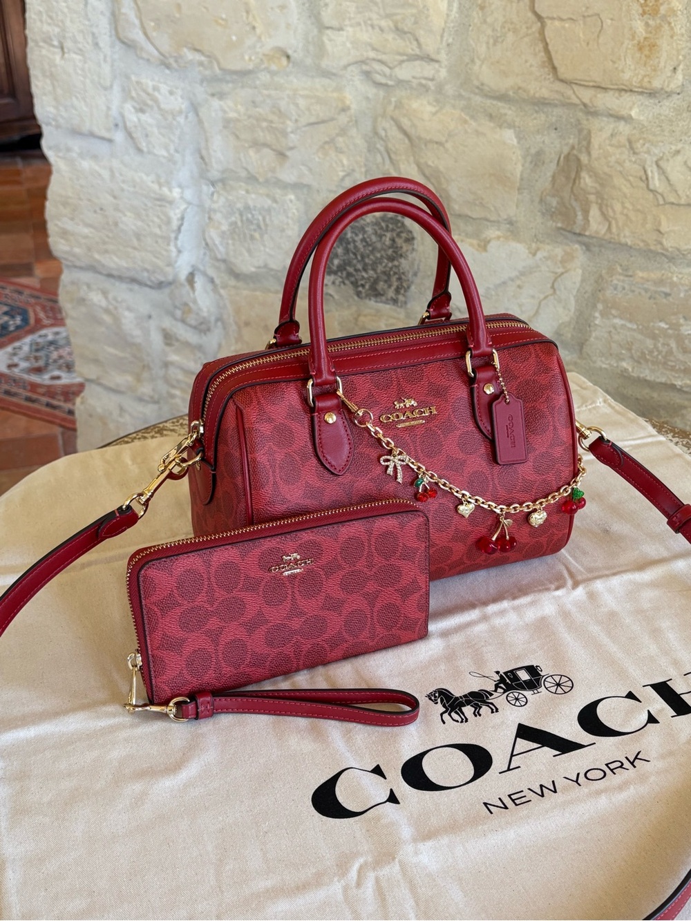 Coach Red Signature Satchel with Matching Wristlet and Charm - Picture 3 of 14